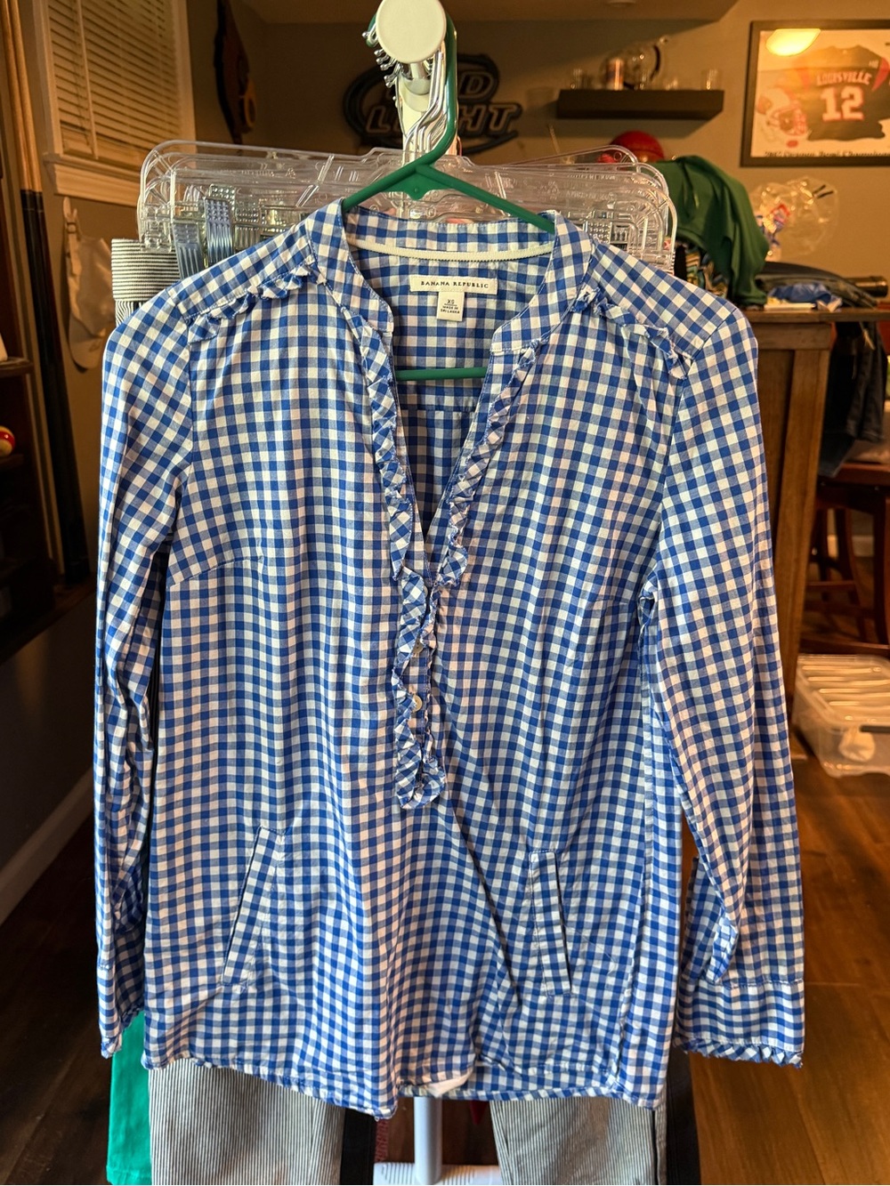 Banana Republic Blue & White Gingham Ruffle V-Neck Blouse